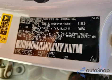 2015 Toyota Highlander Xle из США, поврежденный, VIN 5TDJKRFH9FS173540